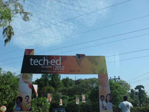 The TechEd Sri Lanka 2010 entrance arch over a road, with event banners along the street